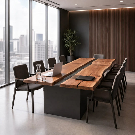 Walnut live edge conference table with steel power base in a modern office.
