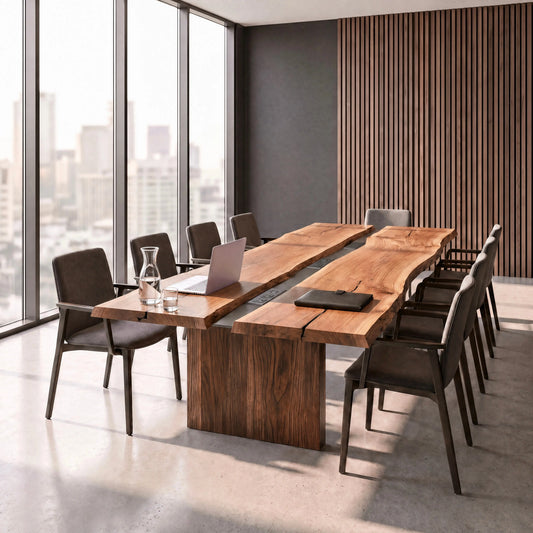 Custom walnut live edge conference table with power storage base and chairs in a modern office.