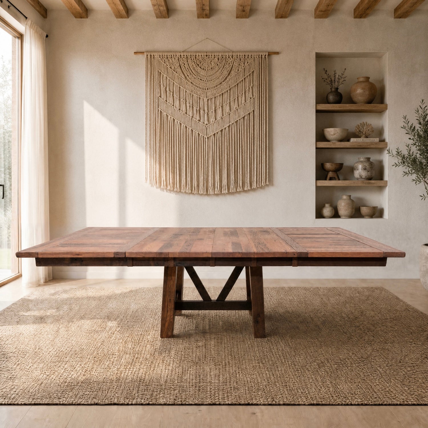 Square oak dining table on woven rug in sunlit room with macramé, pottery, and wood beams.