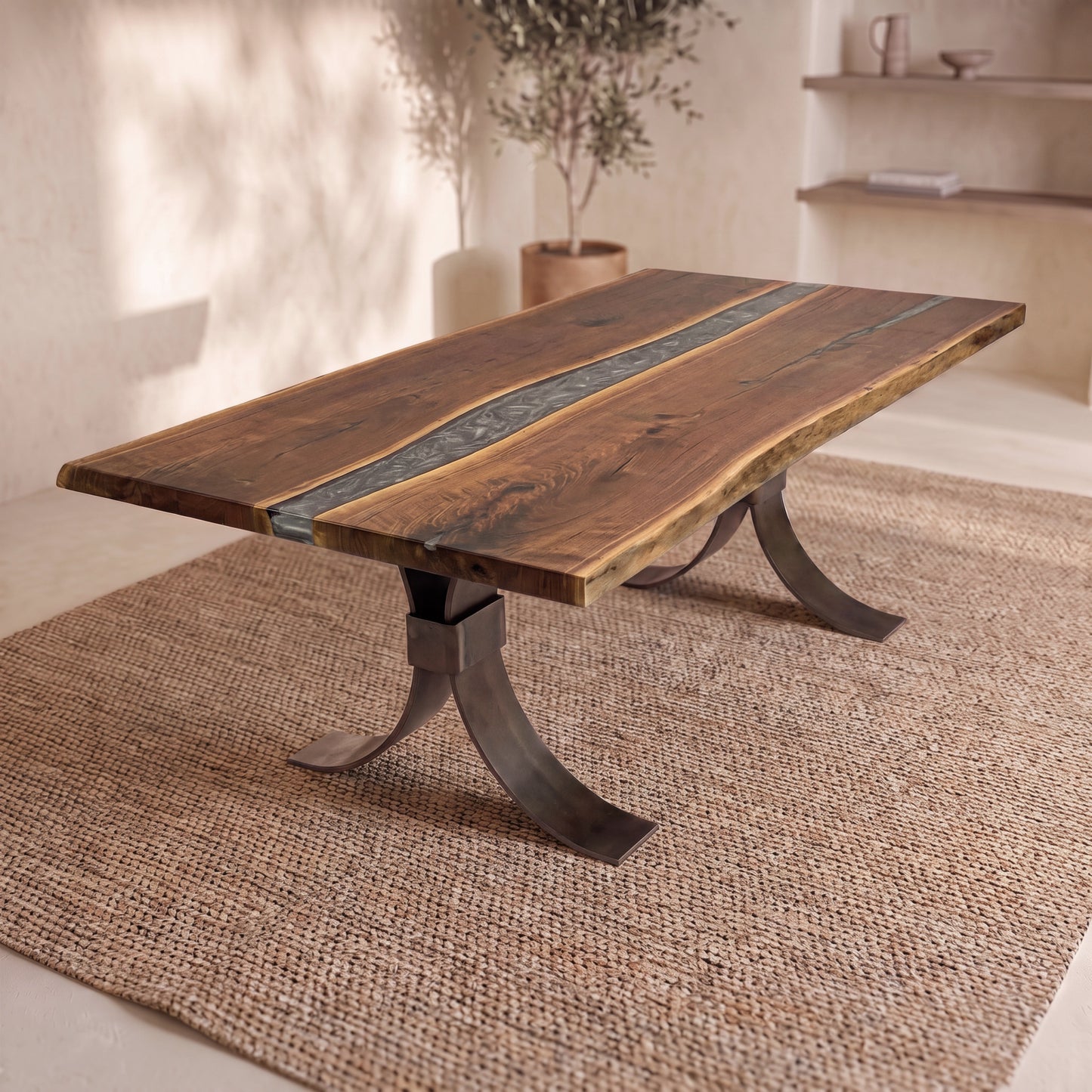 Live edge walnut river dining table with dark stripe, metal legs, and modern, bright decor.