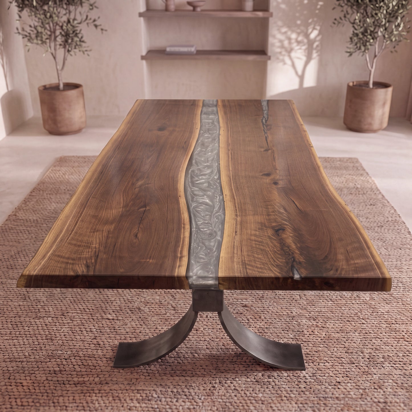 96″ walnut live edge river table with metallic inlay, on rug amid plants and shelves.