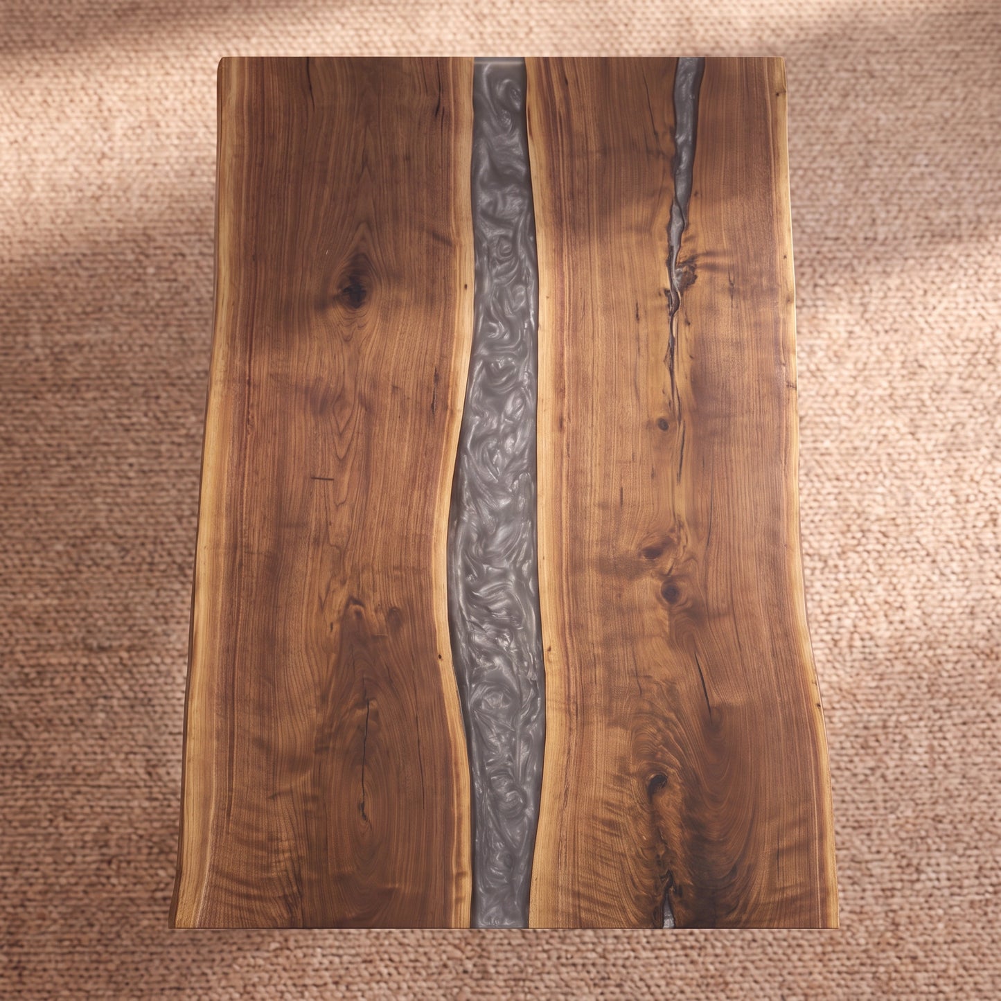 96″ live edge walnut dining table with gray epoxy resin center sits on a textured beige carpet.