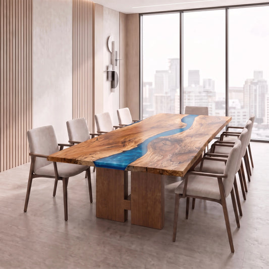 Modern conference room with maple river table, 8 chairs, big windows, and city views.
