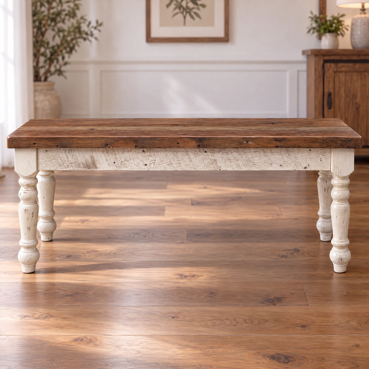 Walden Farmhouse Dining Bench: dark brown wood top with distressed white turned legs.