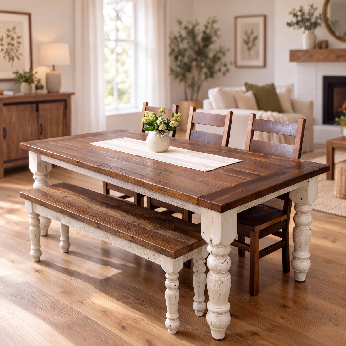 Walden farmhouse dining table with white turned legs, matching bench, and a vase of flowers.