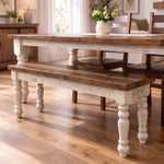 Walden Farmhouse Dining Bench with natural wood seat and distressed white turned legs.
