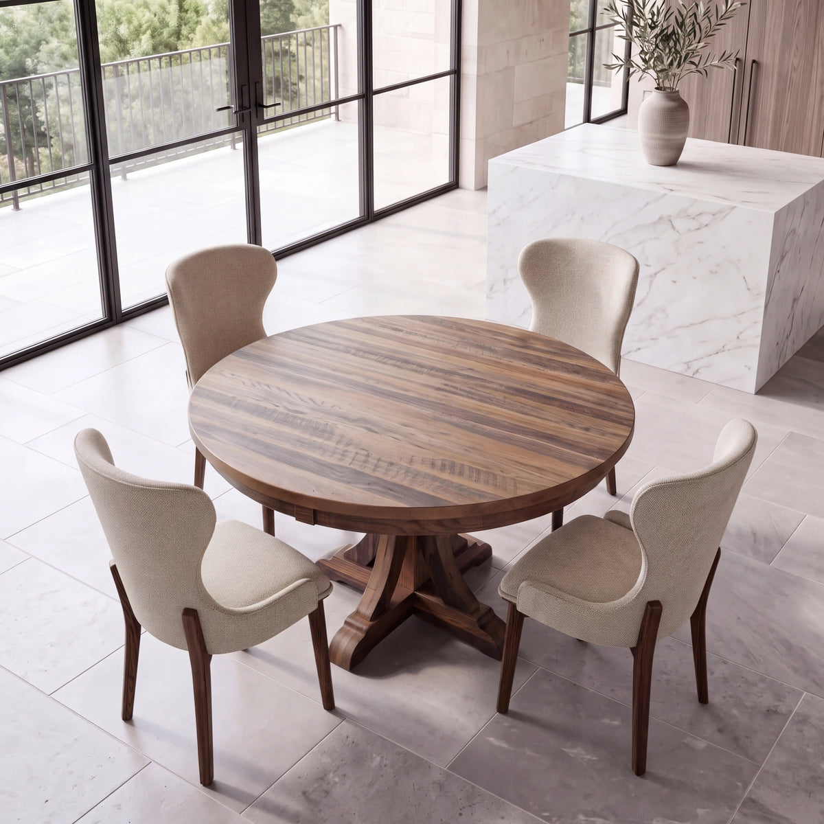 Wood table with four beige chairs on tiled floor near windows, marble island, and plant nearby.