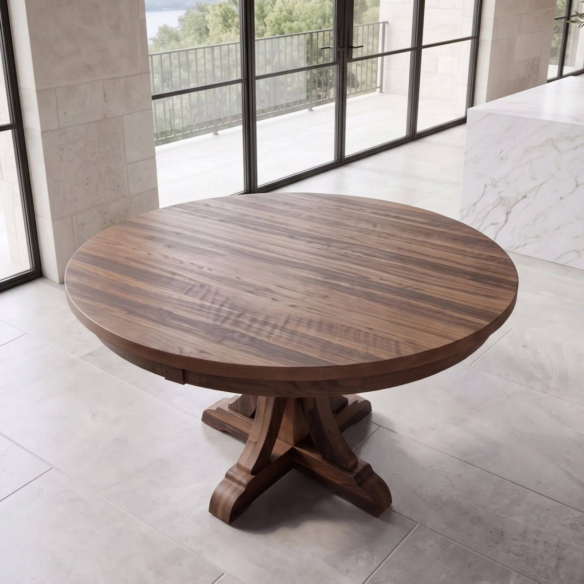 Round reclaimed wood dining table on light tiles in a modern room with big windows and tree views.