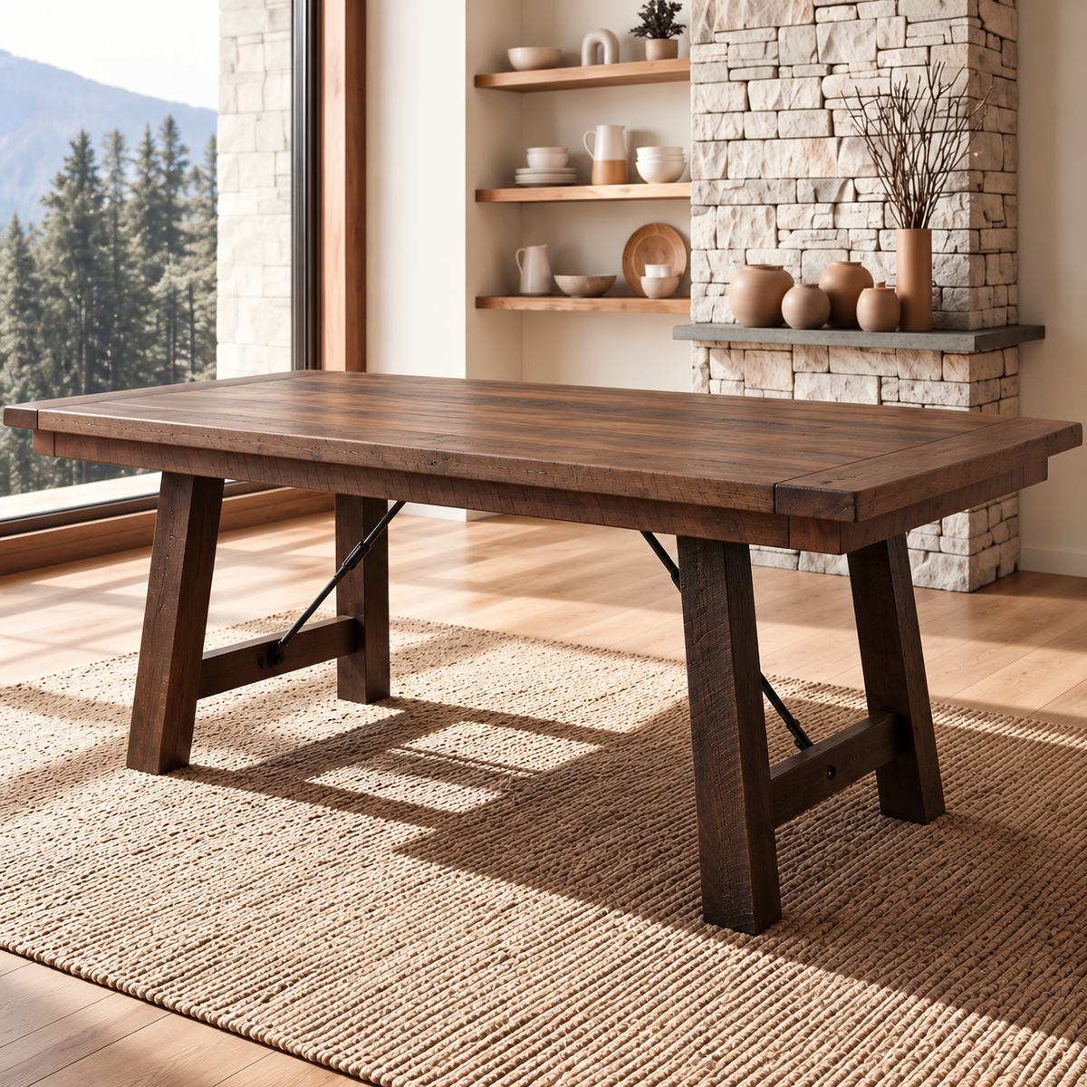 Montana Reclaimed Wood Extendable Dining Table with trestle base by a stone fireplace.
