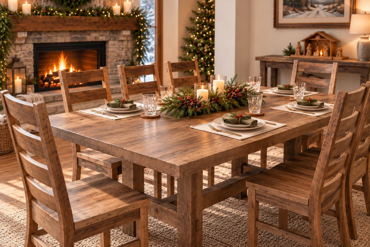 Acadia reclaimed barnwood dining table set for Christmas with placemats, coasters, and an evergreen centerpiece