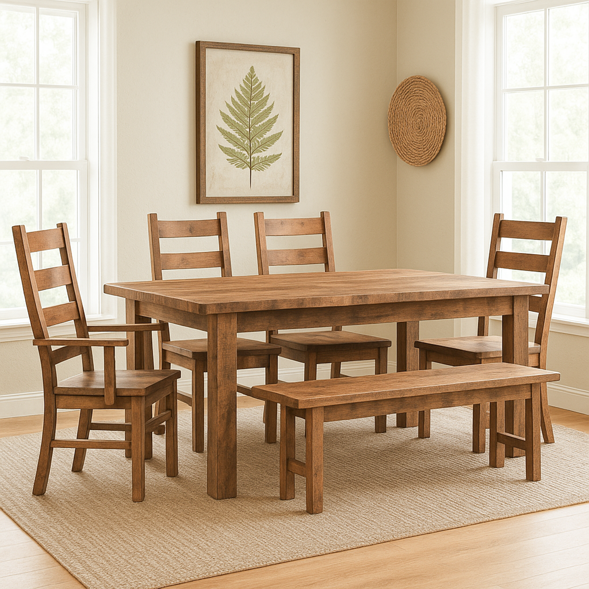 Atherton Modern Farmhouse Barnwood Dining Table with Chair and Bench