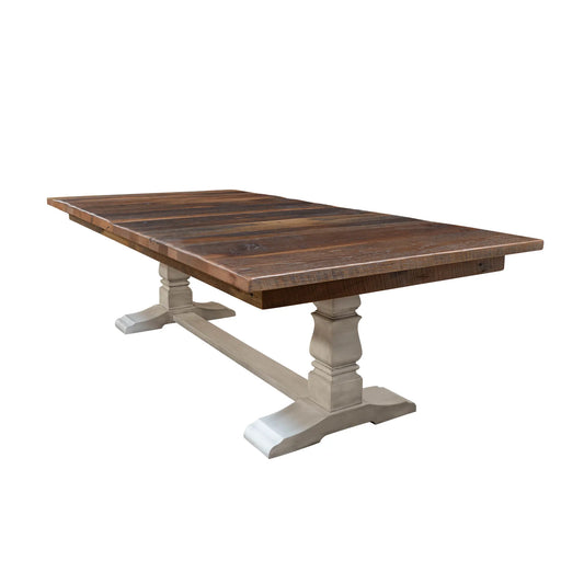 Avon farmhouse dining table with short plank made of reclaimed wood, white trestle base