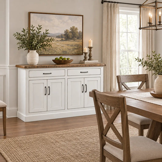 Avon Farmhouse White Paint with Wood Dining Room Buffet Sideboard