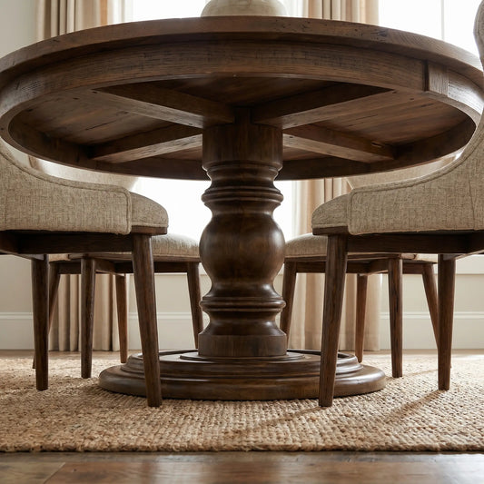 Round wood pedestal table with four upholstered chairs on a rug in a bright, neutral room.