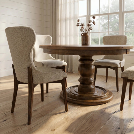 Chairs circle a round table with cotton vase in a bright dining room with large windows.