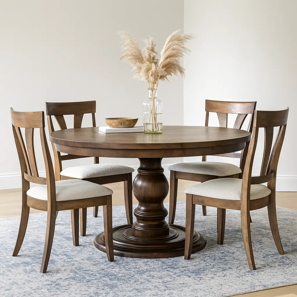 Barnaby Round Wooden Dining Table, Brown Maple Pedestal