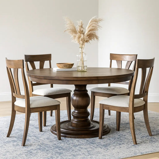 Barnaby Round Wooden Dining Table, Brown Maple Pedestal