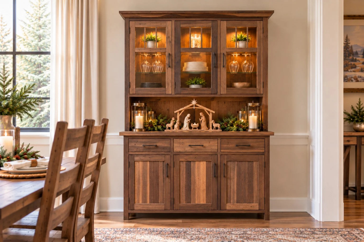 Bristol rustic reclaimed wood hutch with Christmas decor