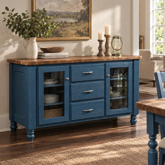 Blue farmhouse beverage cart with barnwood top, glass doors