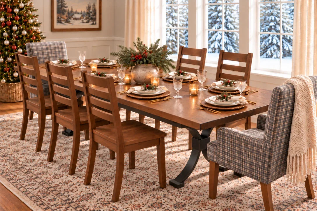Beckett Forge solid wood dining table set for Christmas dinner