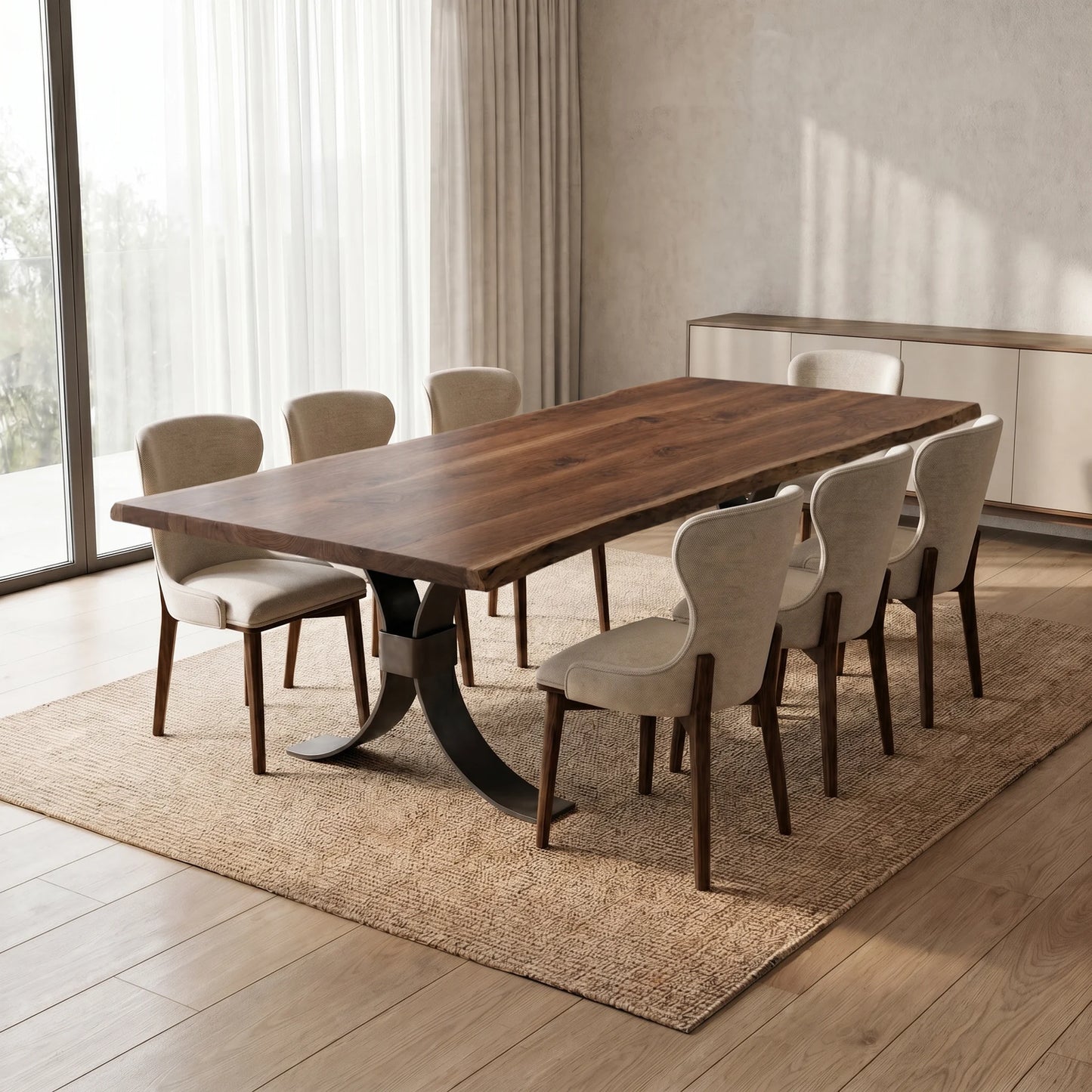 Beckett Walnut Live Edge Dining room with a wooden table and chairs in a well-lit room.
