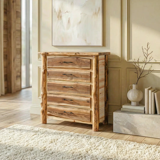 Big Horn Walnut Slab Tall Dresser with Aspen Posts