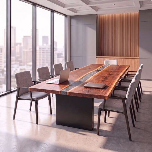 Walnut live edge river conference table with steel base and gray chairs in a city office.