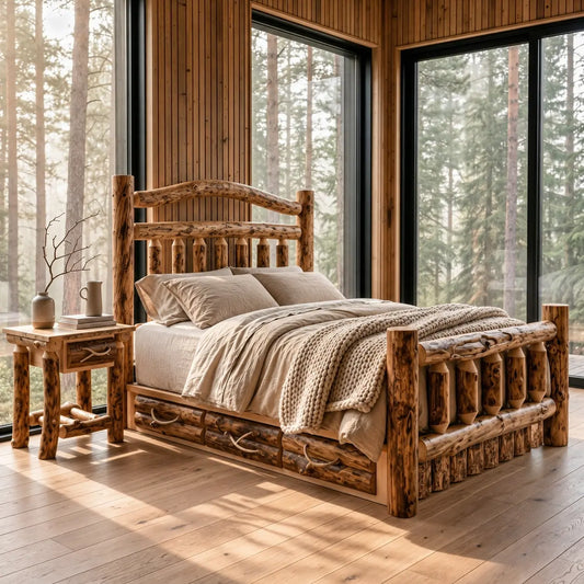 Log bed with beige bedding and nightstand in a cozy cabin room with forest views through large windows.