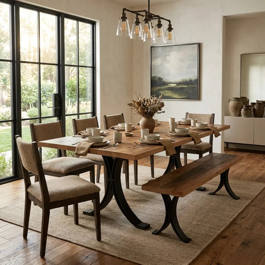Cozy modern dining room with a reclaimed wood table, bench, four chairs, and bright decor.