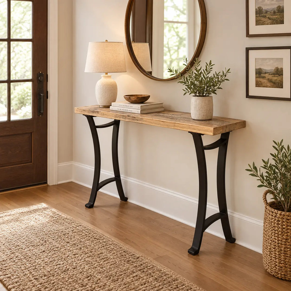 Boone Rustic Barnwood Sofa Table with a reclaimed barnwood top and curved black metal legs.