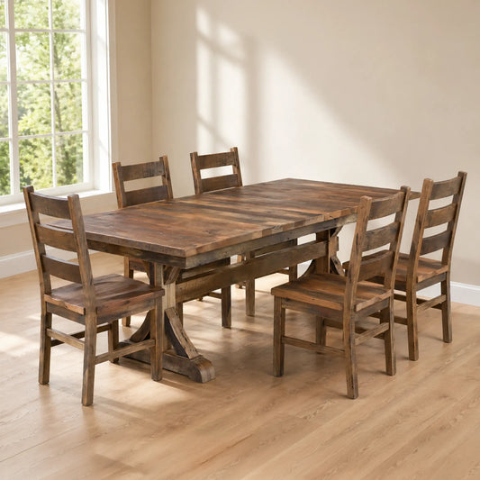 Bristol rustic reclaimed wood dining table , short plank with Akron Dining Chairs