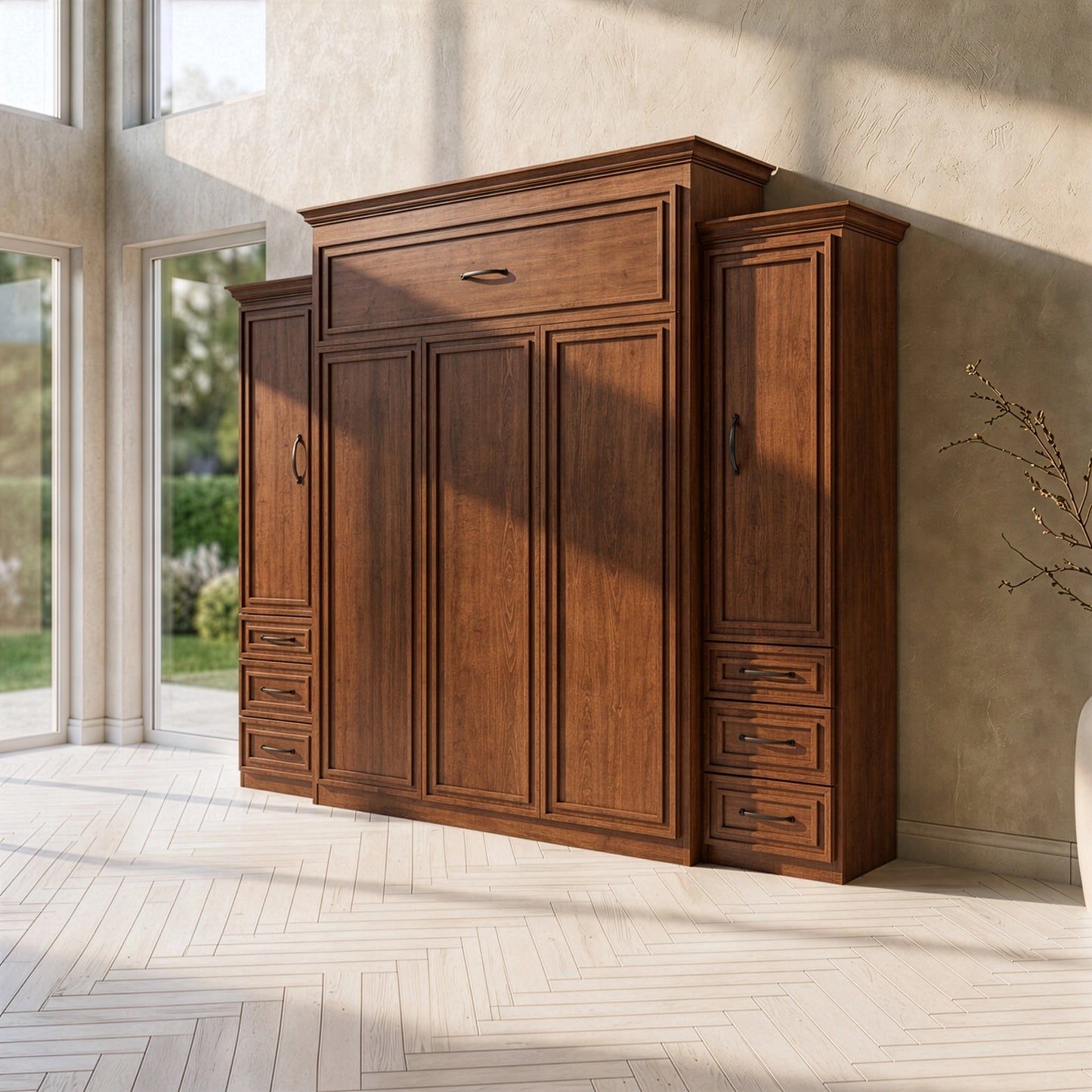 Brookview Murphy Bed with drawers, bookcase, and decor in a bright room with tall windows.