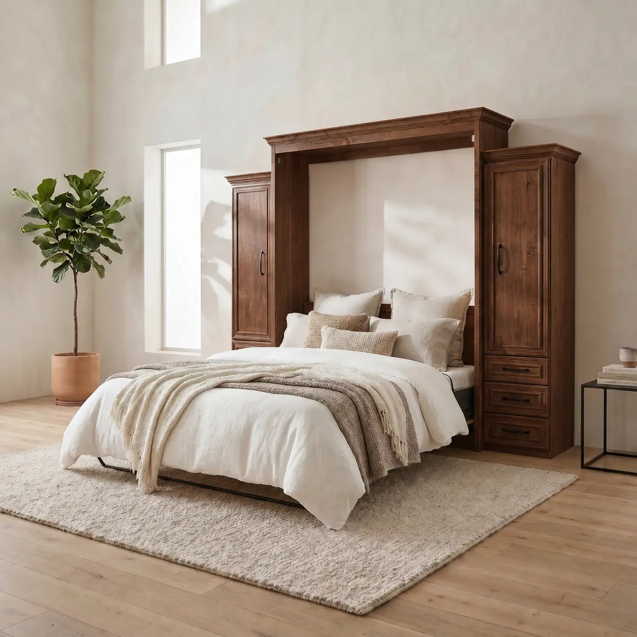 Sunny bedroom with Brookview Murphy Bed, white bedding, beige decor, bookcase, and a plant.