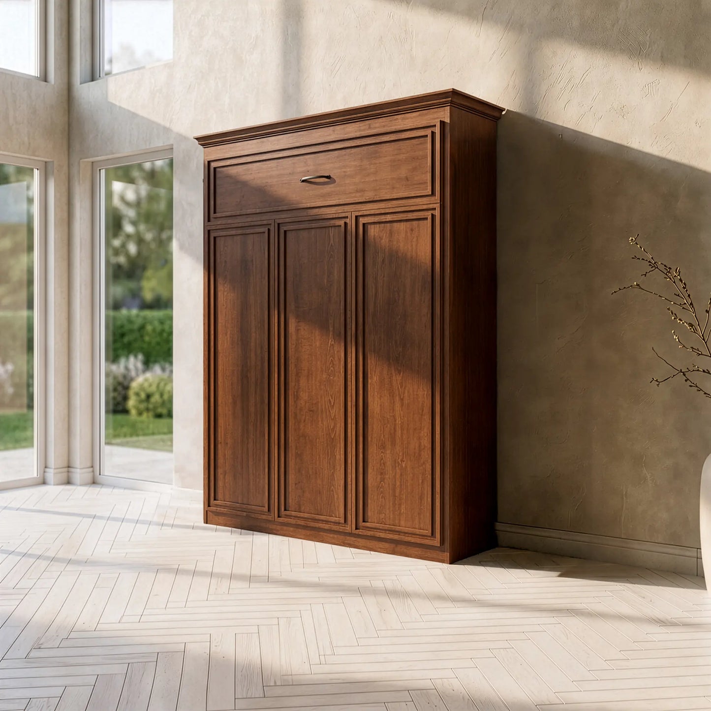Closed Brookview Murphy Bed against beige wall in a bright room with herringbone floors, large windows.