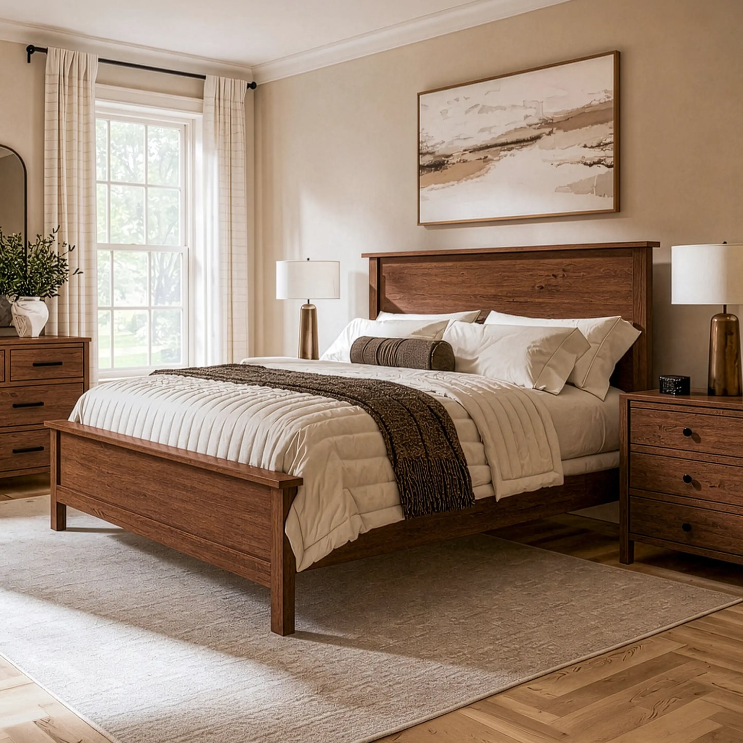 Cozy bedroom with Emily Wood Bed Frame, white bedding, bedside tables, and soft neutral decor.