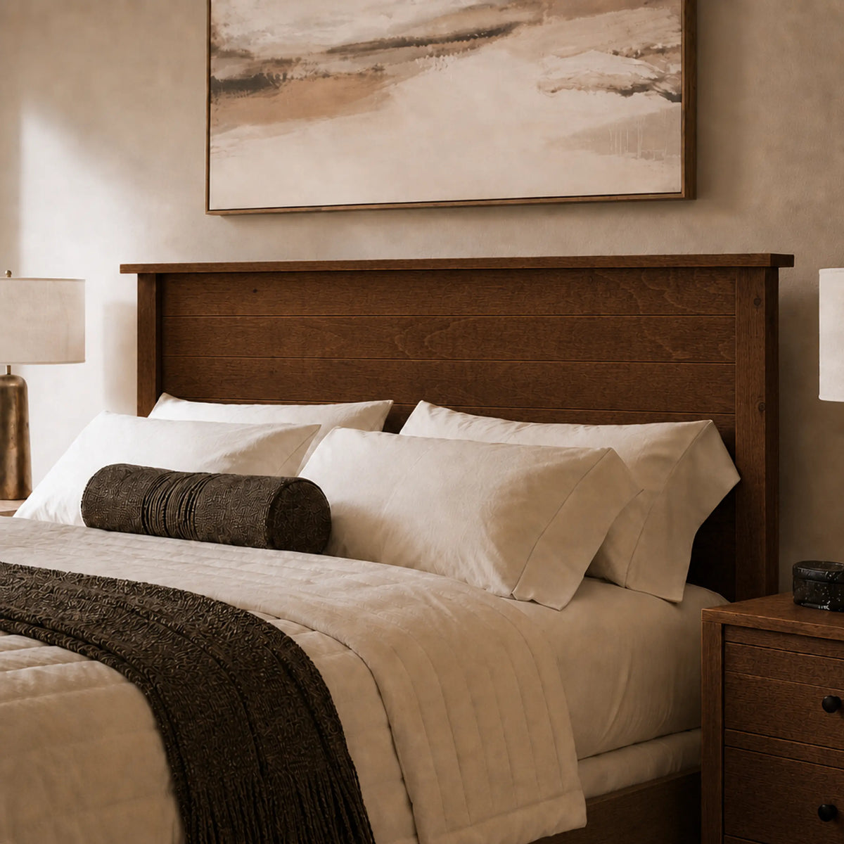 King bed with white bedding, wood headboard, brown pillow; cozy room with lamps and art.