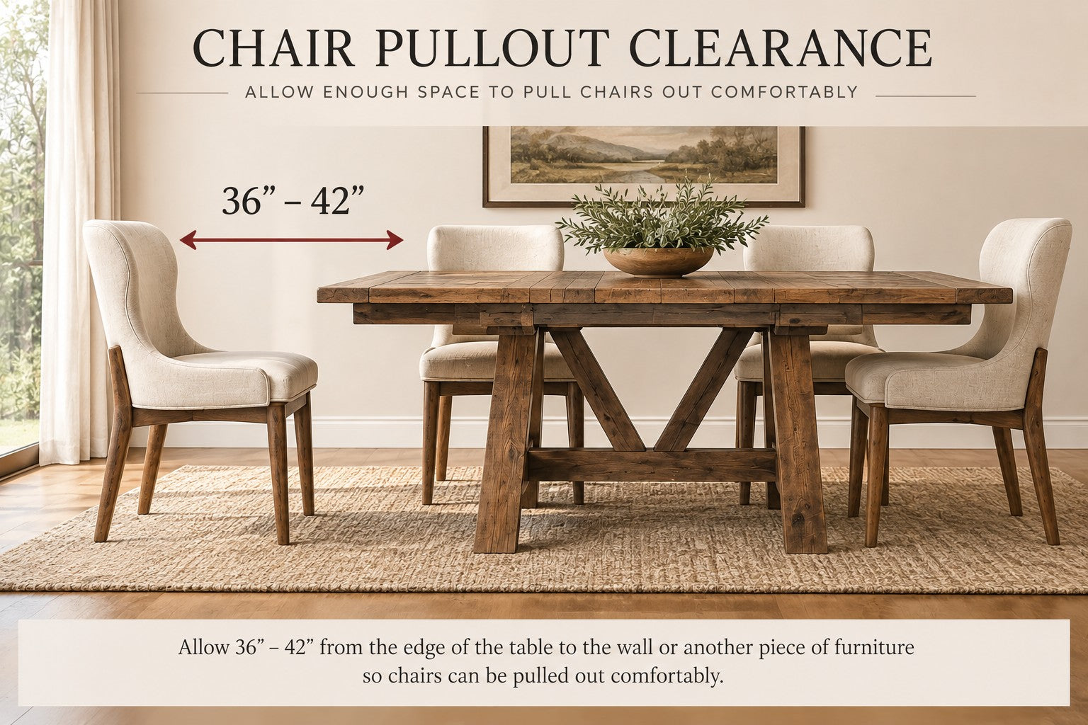 Chair pullout clearance of 36–42 inches from the edge of a farmhouse dining table to the wall