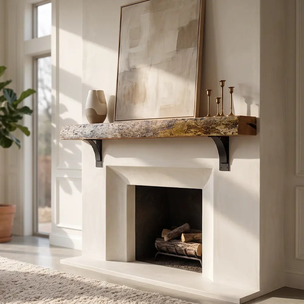 Modern fireplace with cherry wood mantel, art, vases, firewood, and sunlit potted plant.