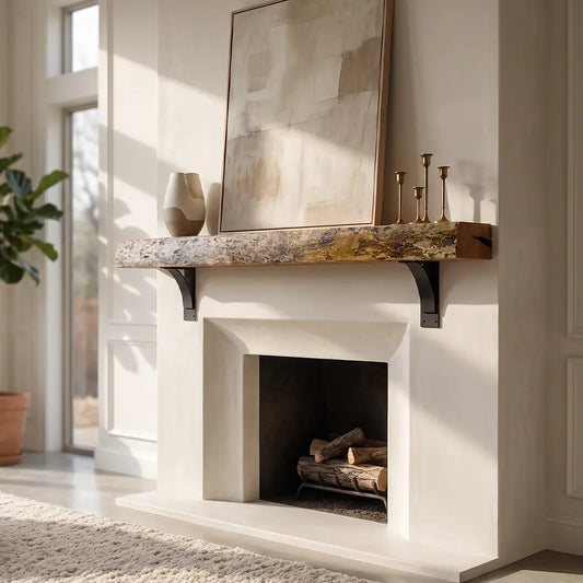 Modern fireplace with cherry wood mantel, art, vases, firewood, and sunlit potted plant.