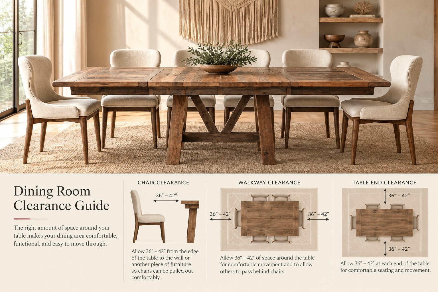 Dining room clearance guide showing 36–42 inches of chair, walkway, and table end clearance