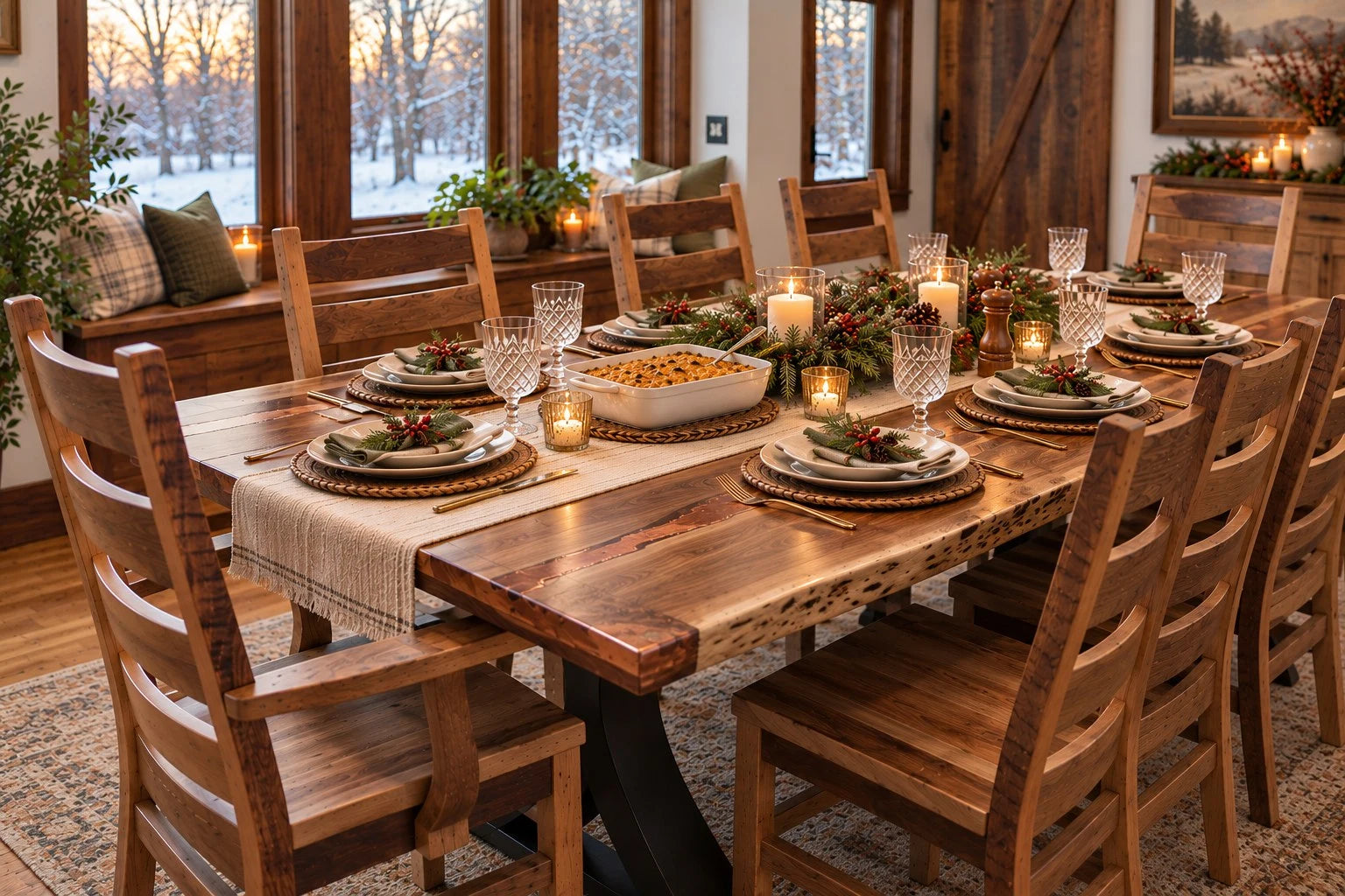 Live edge dining table with copper epoxy set for a Christmas dinner