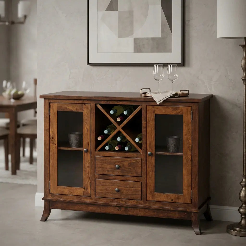 Rustic cherry wine buffet with glasses, artwork, and dining room accents in the background.