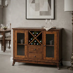 Rustic cherry wine buffet with glasses, artwork, and dining room accents in the background.