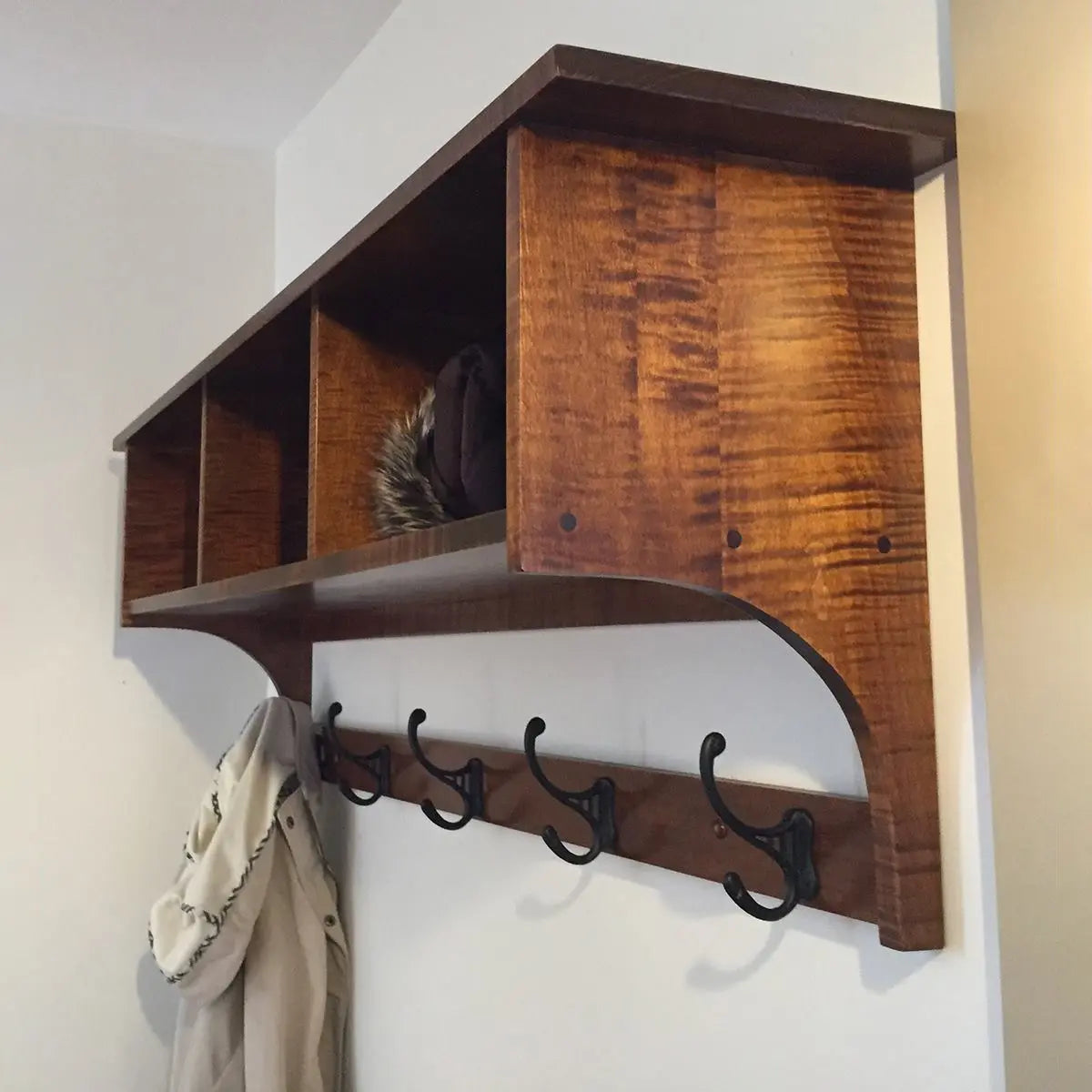 cubby shelf and coat rack, curly maple