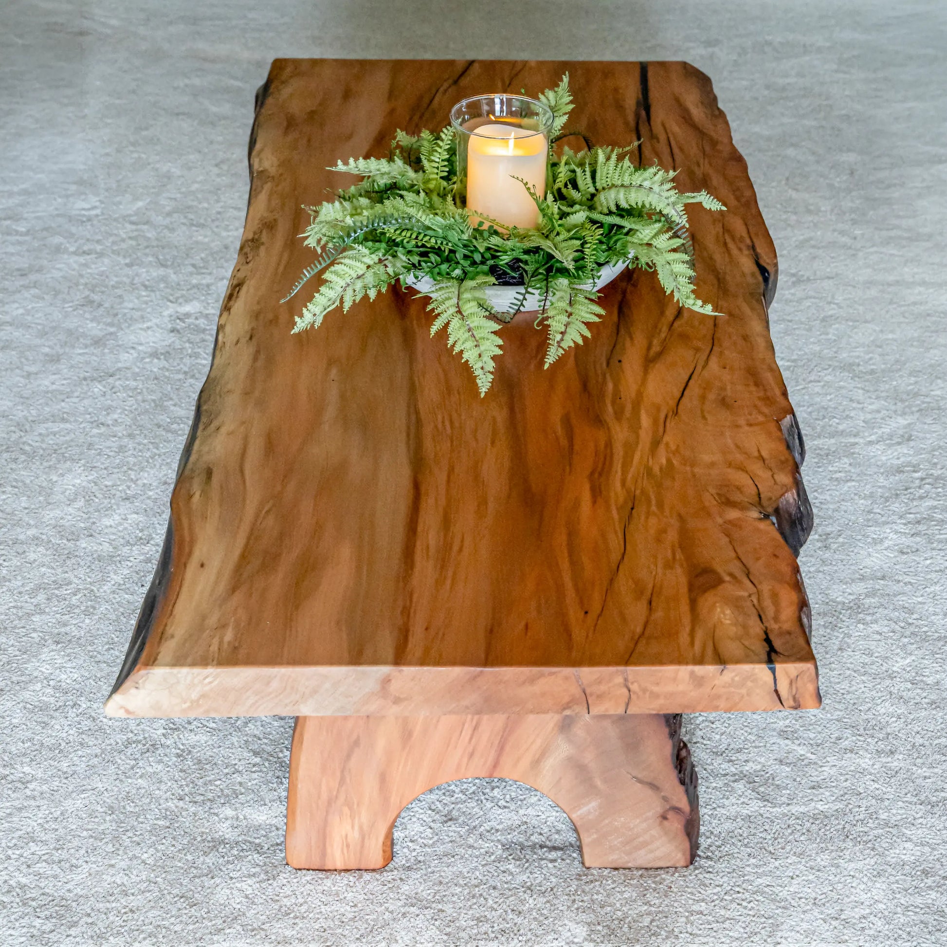 Top view of live edge sycamore coffee table