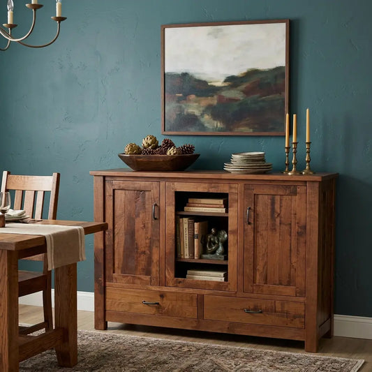 Rustic buffet with decor sits by a teal wall, landscape art above, table and chairs nearby.
