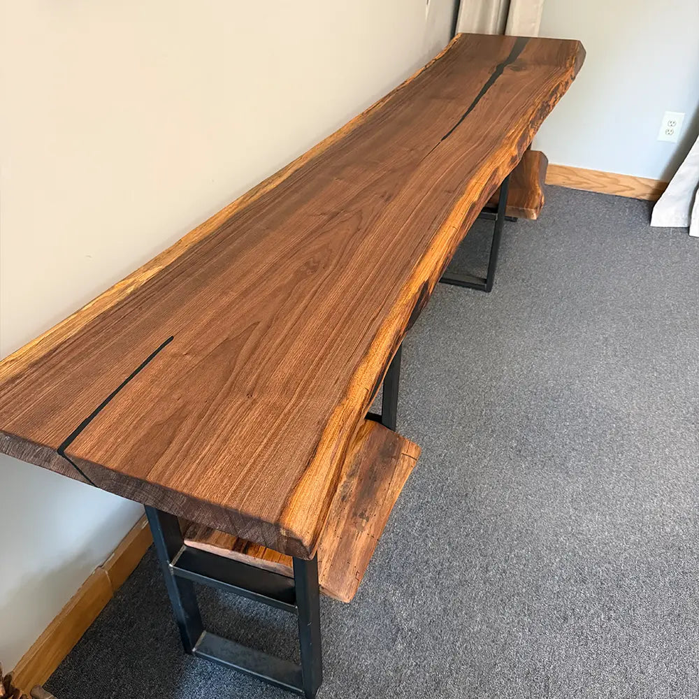 108"L Live Edge Walnut Sofa Table with Shelves
