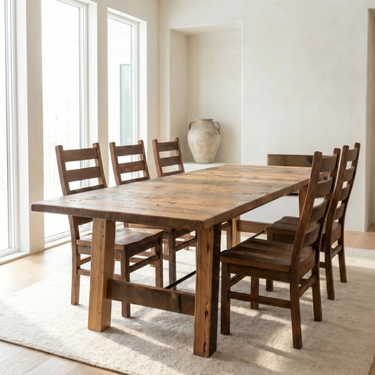 Dillon reclaimed wood dining table and 6 Akron chairs