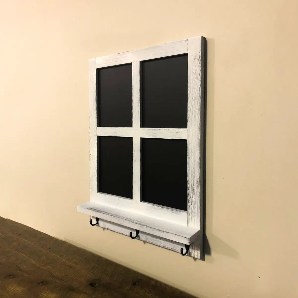 distressed white chalkboard with hooks
