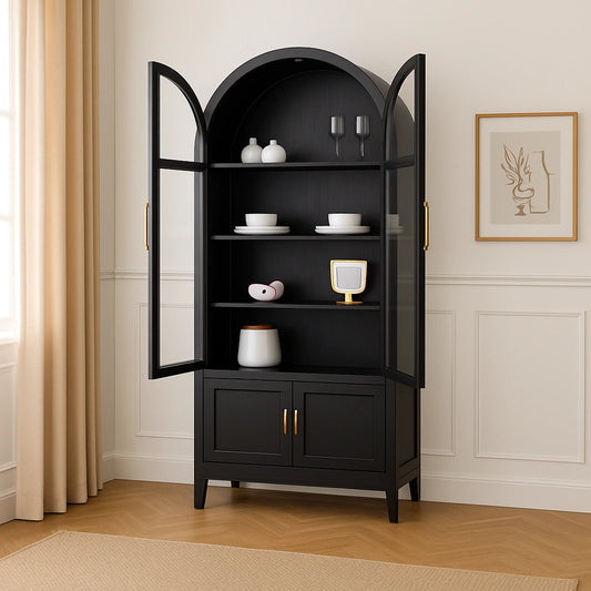 Dixon Mid Century Wood Buffet Black with Gold Handles